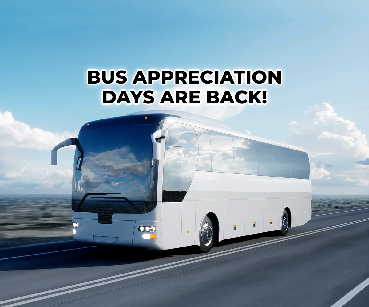 Picture of Bus Appreciation Days Are Back graphic with a large white bus