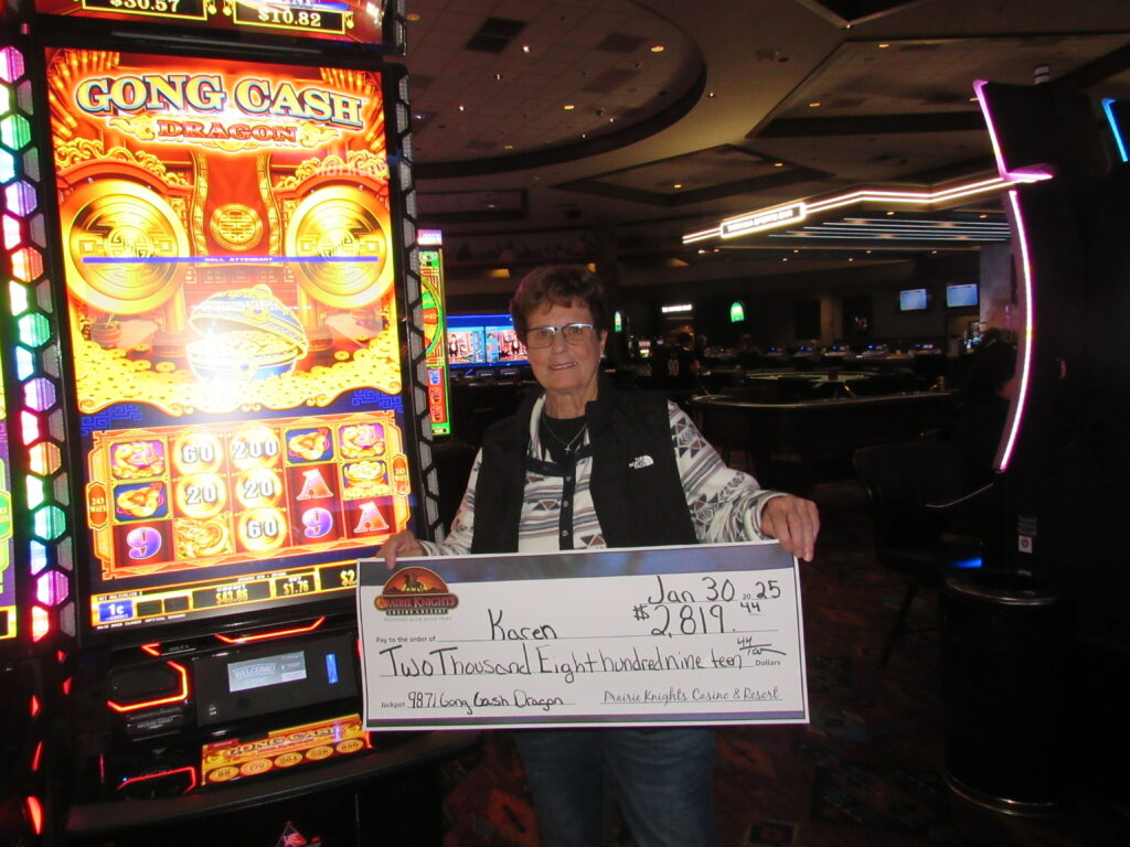 Karen Winner of $2819 on #9841 Gong Cash Dragon at Prairie Knights Casino Resort